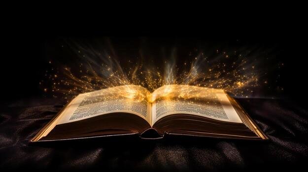 shining holy bible ancient book banner illuminated message black background ai generative photo